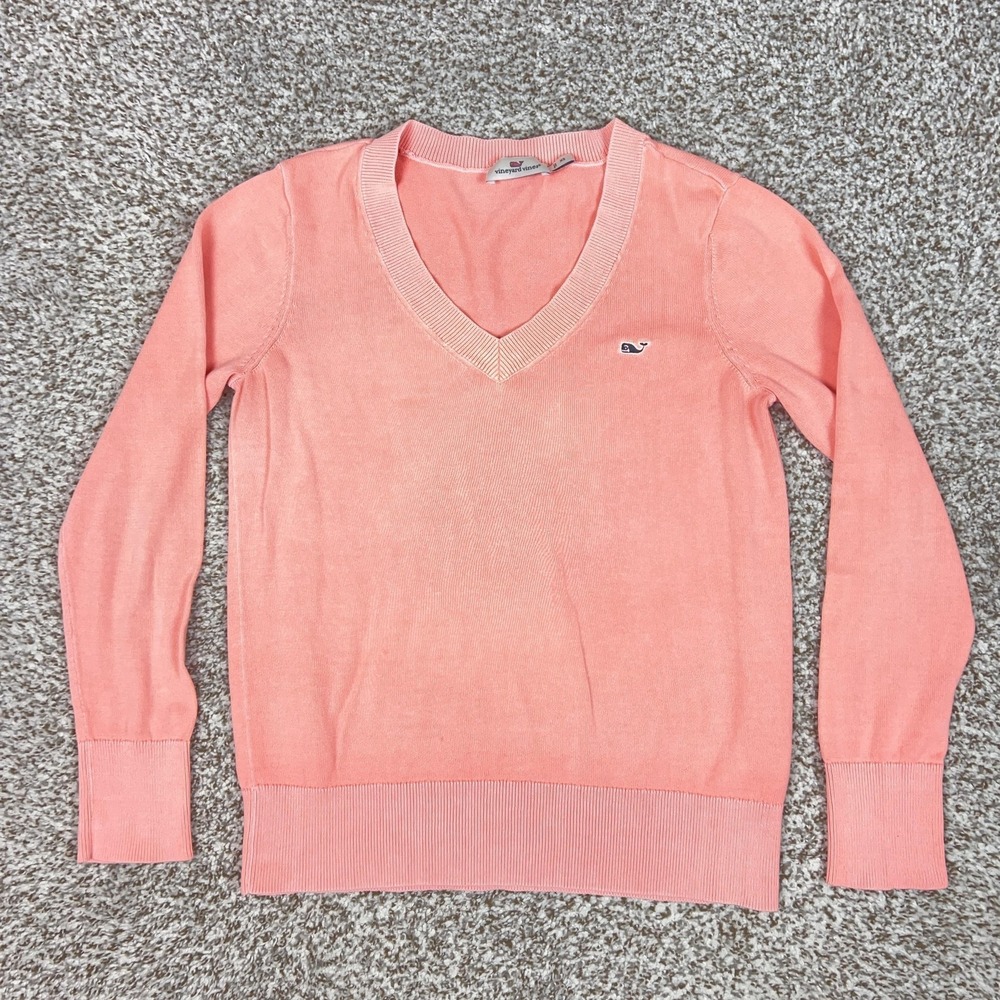 Vineyard Vines Sweater Womens XS Pink Cotton V Neck Knit Pullover Whale‎ Logo